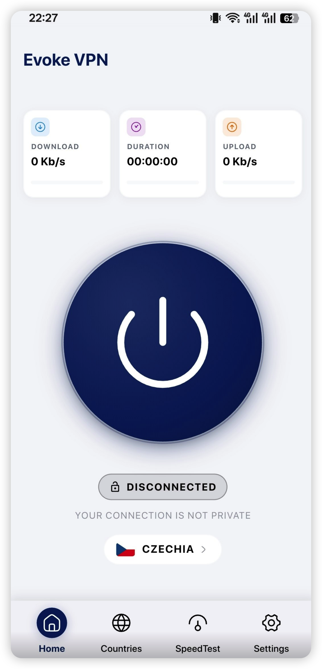 Evoke VPN home screen